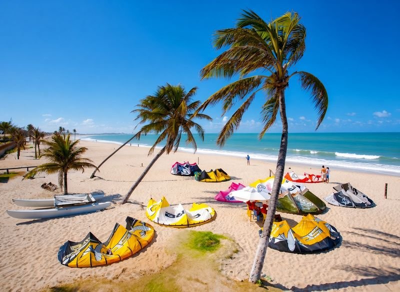 Praia de Cumbuco com kites sobre a areia e coqueiros